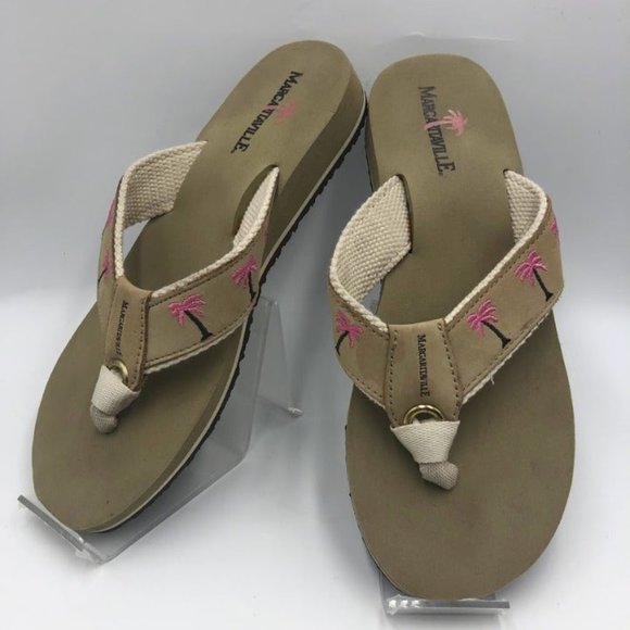Margaritaville Shoes - Margaritaville Women's Thong Sandals Tan Pink Palm Trees Leather Breezy Size 7